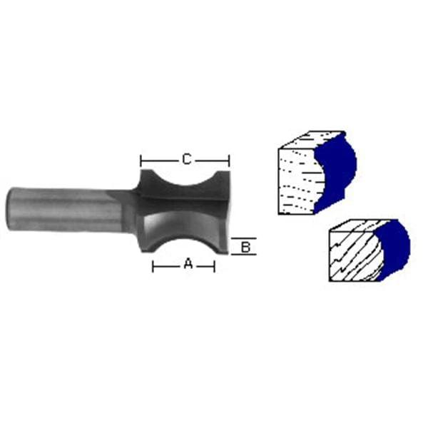 1476 Oval Edge (Half Bull Nose) Router Bit 3/4" A X 3/16" B X 1-1/4" CL 1" D